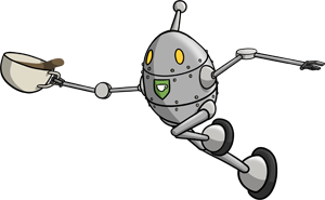 An egg shaped robot dramatically leaping into action with a giant tea cup in hand spilling over with tea (obviously)